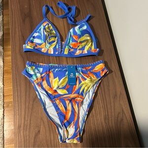 Tropical Print Whip Stitch Bikini Top & High-Waisted Bottoms Set